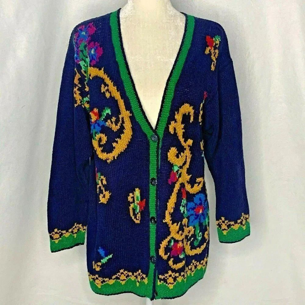 Vintage Liz Claiborne Knit Cardigan Sweater M Blue